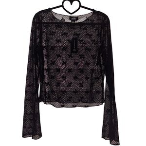 Just Polly New York Sheer Mesh Black Polka Dot- Bows Bell Sleeve New XL